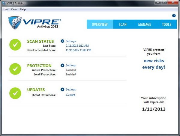 VIPRE Antivirus 2013 - Main Interface